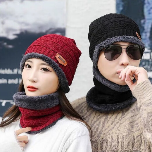 潮思汇冬季加绒加厚帽子围脖手套三件套男女毛线保暖帽韩版套头针织帽 酒红色【帽子+围脖+手套】 零下20度恒温锁暖++