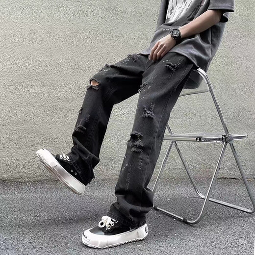 
Katuchi ripped jeans men's summer thin style American high street slim Korean version ins straight casual pants light blue XL [Suggested 125-140Jin [Jin equals 0.5 kg]]