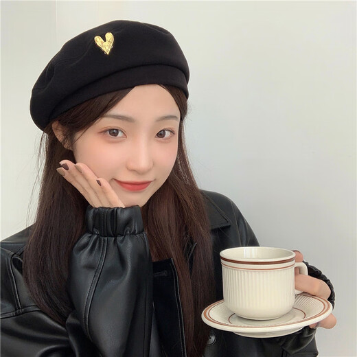 Beret Winter Korean Style Autumn and Winter Woolen Beret Women's Retro Versatile Fashion Love Metal Painter Hat Chestnut Brown M (56-58cm)