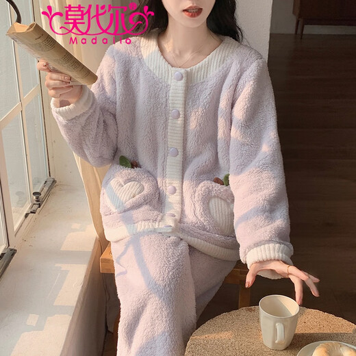 Modal coral velvet pajamas for women in autumn and winter plus velvet thickened cardigan set sweet and cute flannel for outdoor wear home clothes 3880-Pineapple style M