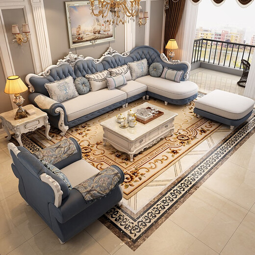 
European sofa art combination modern simple corner size living room technology fabric solid wood simple European sofa 841 fabric sofa [829 light blue 3.6M]