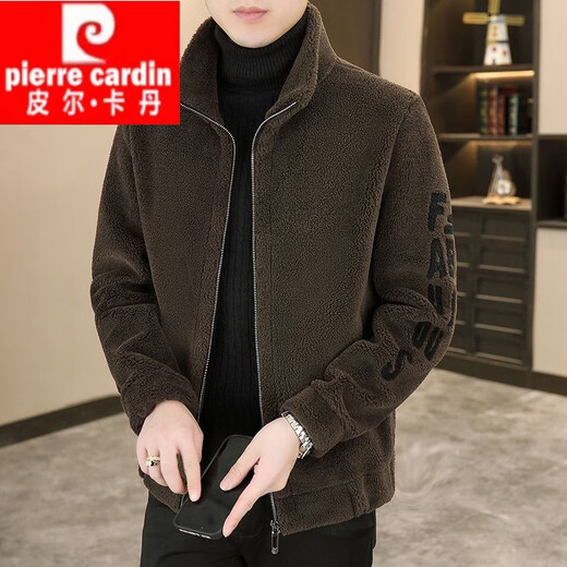 Pierre Cardin fur one-piece shearling jacket men's lamb velvet jacket thickened winter earth color zipper stand collar lamb wool 3XL 185 (145-165Jin Jin equals 0.5 kg)