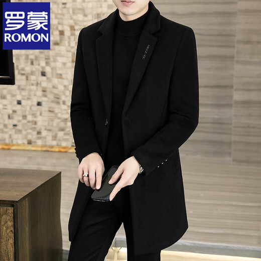 ROMON Wool Woolen Coat Men's Slim Mid-Length Windbreaker Autumn and Winter Thickened New Woolen Men's Jacket Korean Version Black 2XL