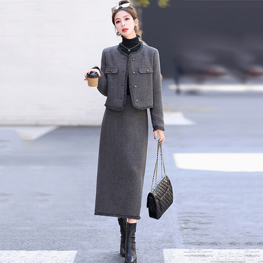 Bailan petite fragrant dress two-piece suit for women 2025 spring, autumn and winter new high-end temperament petite skirt gray (quilted) L (recommended 108-115 Jin Jin equals 0.5 kg)