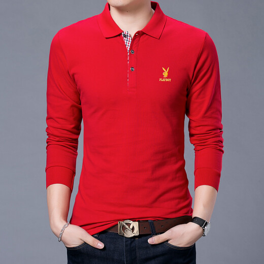 Playboy (PLAYBOY) POLO shirt men's solid color spring business casual men's youth versatile lapel long-sleeved T-shirt red XL