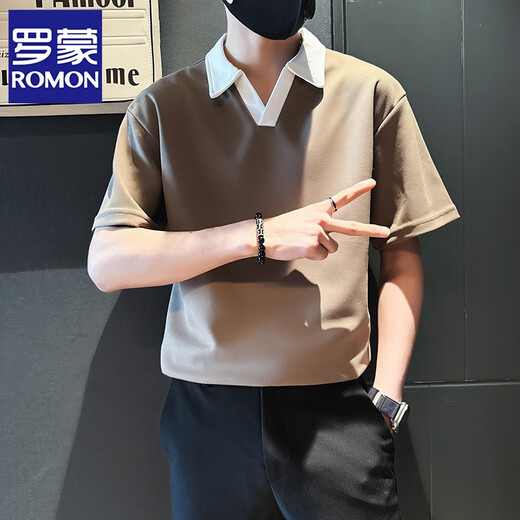 Romon Polo haut de gamme Shirt à manches courtes pour la marque de mode d'été masculine beau t-shirt à col en v contrasté 2024 Nouveau homme à manchettes d'été masculin XL Recommandé 135-145jin [Jin est égal à 0,5 kg]