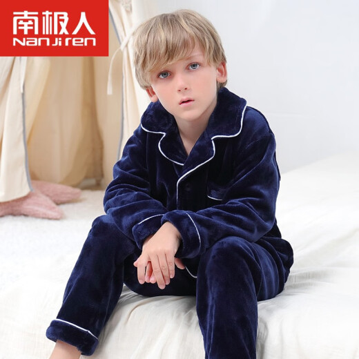 Nanjiren Boys' Pajamas Children's Flannel Autumn and Winter Thick Boys' Large Children's Home Clothing Set Navy Blue 130