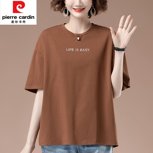 皮尔卡丹（pierre cardin）尺码夏季新款宽松刺绣短袖t恤女中年妈i妈休闲纯|棉上衣 9892咖啡 L 100-115斤