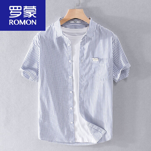 罗蒙（ROMON）男士条纹短袖衬衫日系宽松薄款上衣夏季休闲衣服潮流百搭衬衣 9738款 浅蓝条纹 L 110斤左右