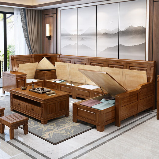 Xiaomuwo (XIAOMUWO) sofa camphor wood solid wood sofa corner with storage function Chinese style carved imitation classical sofa living room independent four seats (including cushions)