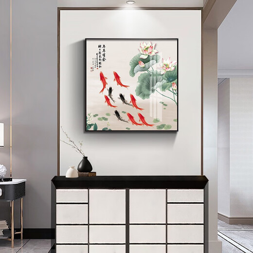 Xiaolulin Chinese style Jiuyu drawing decoration painting restaurant painting study office tea room hanging painting entrance entrance cabinet living room mural 15912 surplus every year porcelain diamond inlaid 90*90 black frame