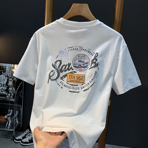 Qianji (Qianji) 2024 Été Nouveau t-shirt à manches courtes pour hommes T-shirt en vrac à imprimé slim et polyvalent pour hommes T-shirt noir JSW-9906 Numéro L Convient pour le poids 109-124Jin [Jin est égal à 0,5 kg]