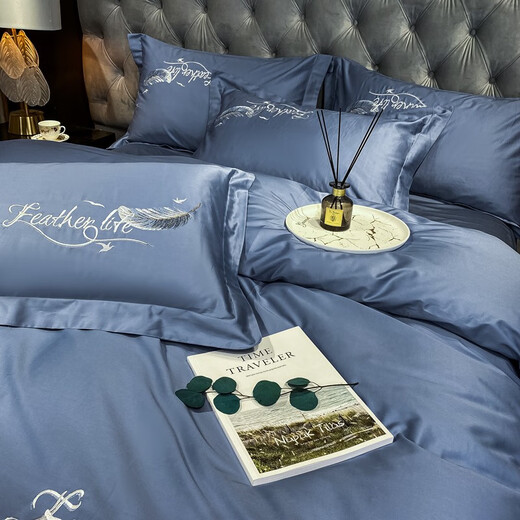 Antarctic (home) summer 60 long velvet cotton bed four-piece set pure cotton 100% cotton hotel quilt cover bed sheet double bed cover supplies Feiyu Bentley Blue-60 long velvet cotton 1.5m bed [foot cover four-piece set]