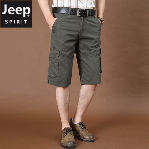 Jeep (Jeep) Arbeitshorts Herren Sommer dünne reine Baumwolle Fünf-Punkte-Hosen mit großer Größe loser mittelgroßer Hosen Mehrfach-Pocket-Freizeit-Shorts 9889 Military Green 36 zwei Fuß acht