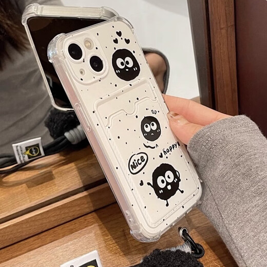 麦巴盾可爱卡通黑色泼墨煤球iphone15手机壳适用苹果14promax卡包卡套插卡13pro手提挂绳链条全包防摔女 壳+煤球挂绳 iphone15