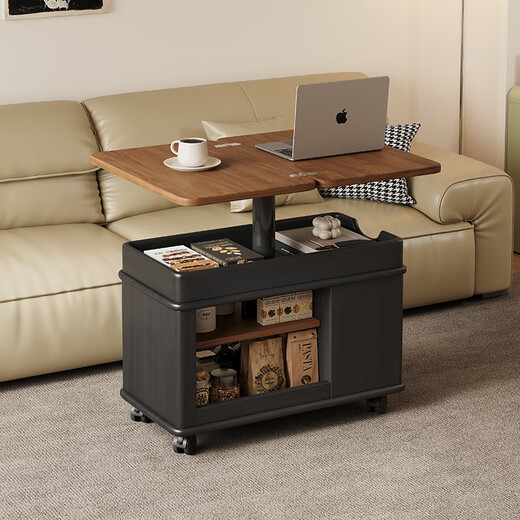 Hexuan solid wood movable coffee table with foldable lifting storage side cabinet multi-functional wheeled sofa side table trolley Lecheng medium color