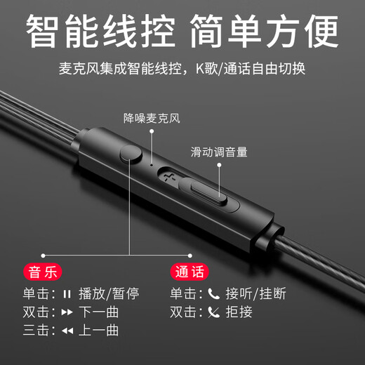 Naiyu wired headphones in-ear TYPC noise reduction mobile phone is suitable for OPPO Huawei vivo glory iPhone Apple headset game Xiaomi Knight Black-3.5mm round hole