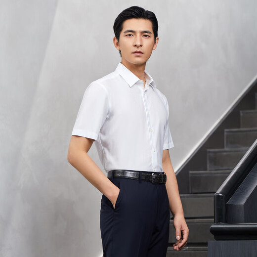 雅戈尔（YOUNGOR）短袖衬衫男白色隐条纹免烫衬衫全棉面料舒适抗皱易打理商场同款 白色YSTP180505BBA 39