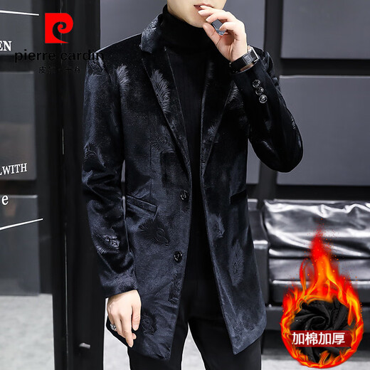 Pierre Cardin autumn and winter windbreaker men's mid-length British style Korean style high-end suit trendy casual thickened gold velvet jacket for men blue (cotton) + black turtleneck sweater XL 130 to 150Jin Jin is equal to 0.5 kg