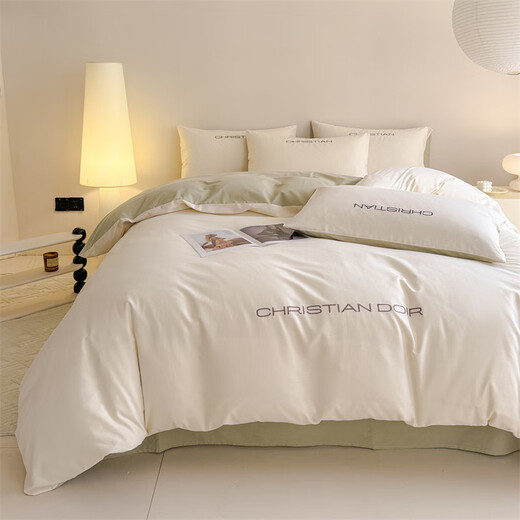 Hengyuan Home Textiles Class A 200-count long-staple cotton simple cotton brushed four-piece set 100 pure cotton bed sheet duvet cover bed sheet autumn ivory white-green bed sheet 1.5m four-piece set