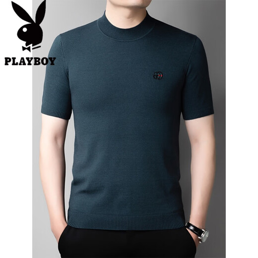 花花公子（PLAYBOY）针织半袖男春秋冬款羊毛衫短袖毛衣加厚冬季男士五分袖厚款土t恤 12121黑色 L 建议120-140斤