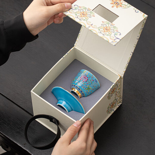 SUSHI CERAMICS enamel palace-style ceramics personal tea cup saucer gift box souvenir (blue) J1059