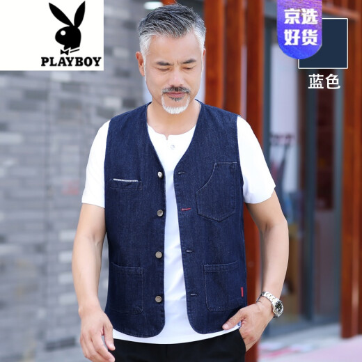 Playboy Spring and Autumn Men's Denim Vest for Middle-aged and Elderly Multi-Pocket Casual Cotton Vest Dad's Sleeveless Waistcoat Jacket Blue 180/XXL Suitable for Weight Around 160Jin [Jin is equal to 0.5kg]