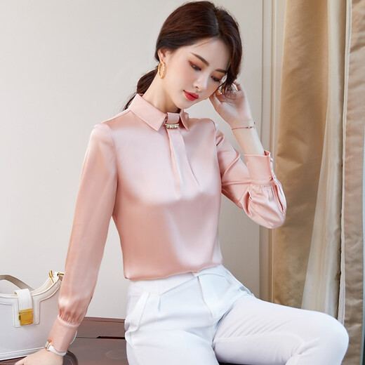 
Troman satin shirt women's long sleeve temperament and fashionable design sense niche spring wear 2022 fashion professional women's clothing elegant commuter OL casual women's shirt KY673 pink