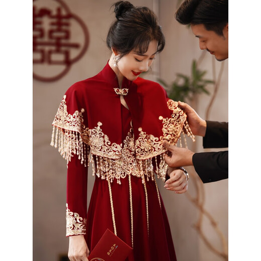 QIANSUIHONG 2025 New Chinese Style Cheongsam Toast Wear Bridal Red Tassel Shawl Wedding Engagement Dress Evening Dress Women LDS Ankola Burgundy Long Sleeve XL