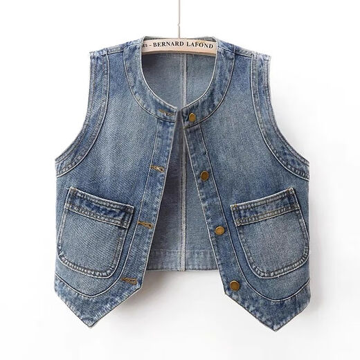 
Mr. Jingyu's new retro versatile round neck denim vest for autumn 2023 for women's short sleeveless horse clip vest vest vest top Blue 702# L100-110
