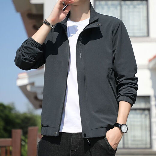 Donkey Fox Autumn Thin Men's Jacket Stand Collar 2024 New Tops Spring and Autumn Casual Pilot Jackets D9980 Dark Gray 3XL 145-160Jin Jin is equal to 0.5 kg