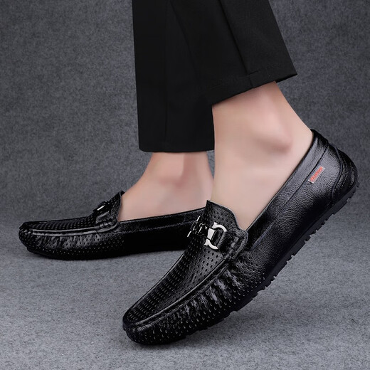 Genuine leather beans shoes Korean style men's casual leather shoes soft sole men's shoes fashionable breathable business lazy shoes men's trendy shoes Mingtao 9905 black (hollow style) 40