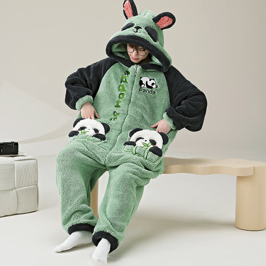 少年情话睡衣男秋冬款加绒加厚珊瑚绒带帽冬天休闲家居服套装可外穿连体衣 YPF3894熊猫 男L(100-135斤)