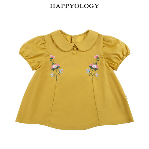 Happyology British children's princess embroidered girls' top lapel short-sleeved spring and summer shirt mango yellow 104 (104cm)
