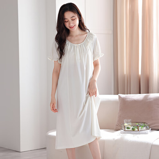 LangSha nightgown for women in summer pure cotton thin short sleeves with chest pads for home clothes for women sweet princess style can be worn outside dress 702 meters white (with chest pads) M[155-160cm/90-110Jin[Jin equals 0.5 kg]]
