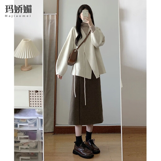 Majiaomei dress women's suit 2025 new autumn and winter clothing with a complete set of versatile jacket, bottoming shirt and skirt for women, apricot coat + apricot bottoming shirt + coffee skirt M