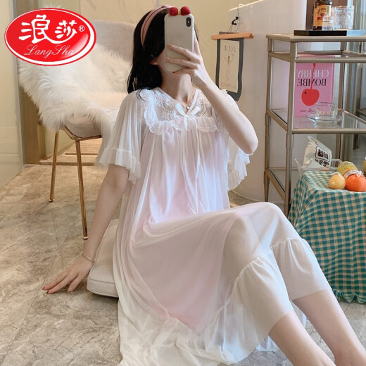 浪莎（LangSha）宫廷风公主睡裙夏季薄款甜美莫代尔睡衣蕾丝花边网纱冰丝家居服夏 W7371 2XL 【推荐140-155斤穿】