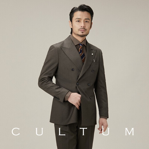 CULTUM Italian retro earth-color double-breasted lapel suit suit men's casual business single suit formal suit linen brown two-piece suit please note your own pants size 175A /50A