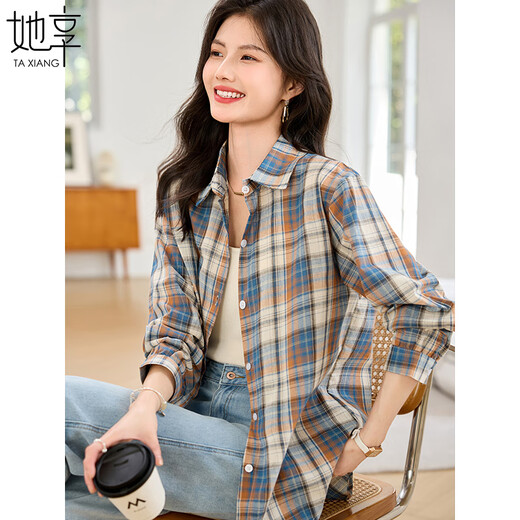 She enjoys long-sleeved shirt women's retro plaid shirt cardigan loose casual shirt jacket top women T143C2011