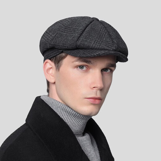 Lufeng Razor Party hat Peaky Blinders octagonal hat retro British woolen newsboy hat men's beret painter hat black and gray plaid head circumference 58-60CM