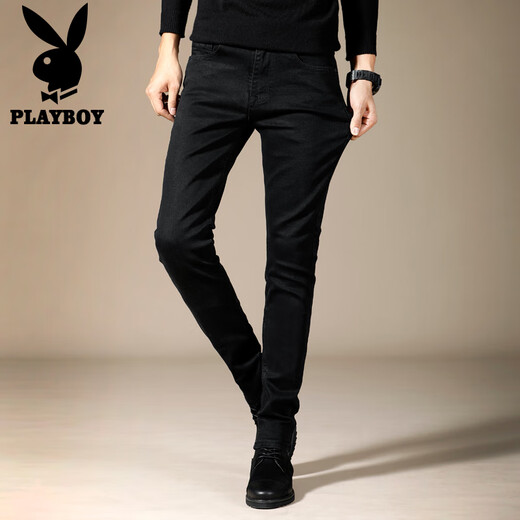 花花公子（PLAYBOY）黑色牛仔裤男士夏季新款潮流休闲韩版修身小脚长裤弹力商务裤子男 黑色 X-3071HH902 33