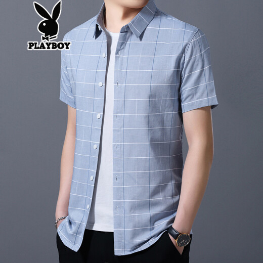 Playboy shirt men's shirt men's short-sleeved thin cotton business casual trendy top 2020 summer new men's blue 165/M