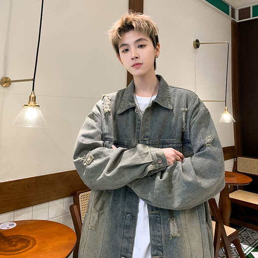 Shelley Jones美式高级感牛仔外套男士春秋季新款痞帅破洞夹克潮牌潮流休闲衣服 复古蓝 XL [建议125-145斤]