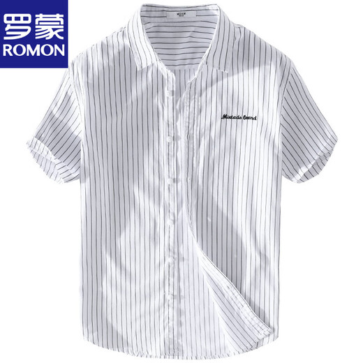 
Lomon men's striped shirt short sleeve loose summer thin Japanese casual versatile cotton shirt summer clothes 9740 blue 3XL 160Jin [Jin equals 0.5 kg]