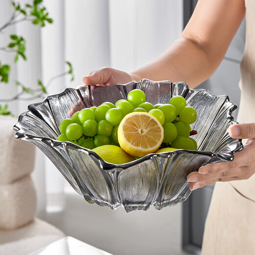 Yagang household glass fruit plate, living room coffee table, high-end plate, exquisite and beautiful crystal large high-end snack plate (large size) smoky gray fruit plate