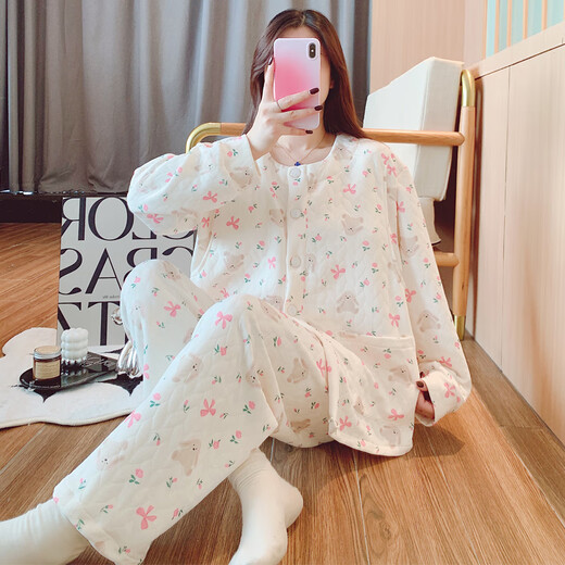 带胸垫孕妇睡衣产妇喂奶月子服秋冬夹层产后哺乳怀孕期空气棉套装 SHB6227 L码（建议100-120斤）