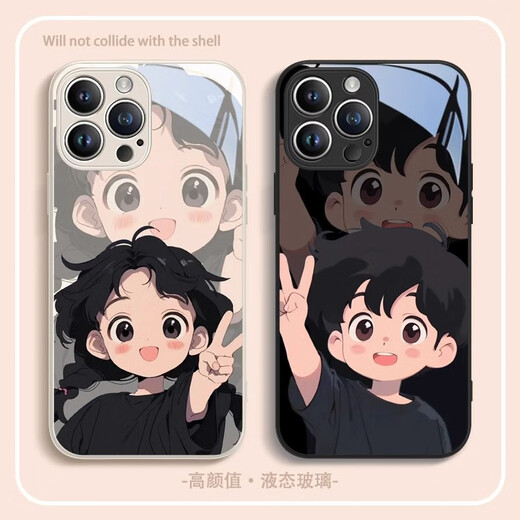 美十美分（MSMF）男孩女孩情侣手机壳适用苹果高级感液态玻璃外壳镜头全包防摔可爱卡通动漫男女款保护套 单个【玻璃质感黑】比耶男孩-BL49180 iPhone15ProMax