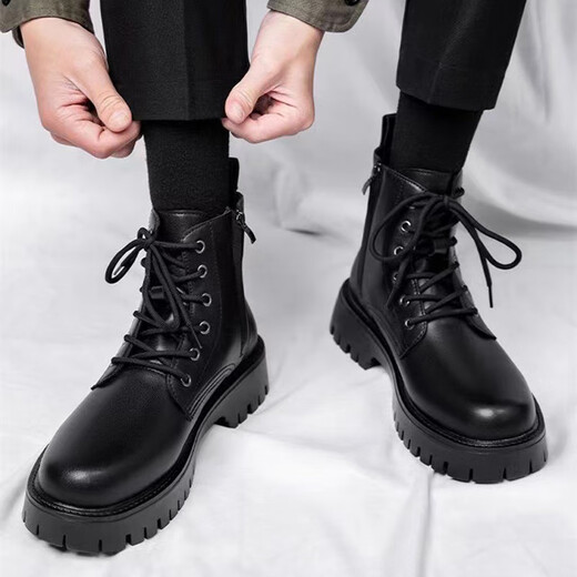 Yushang Zhenpin Martin Boots men's spring high-top British style casual leather shoes work shoes retro thick-soled short boots outdoor work boots black-41