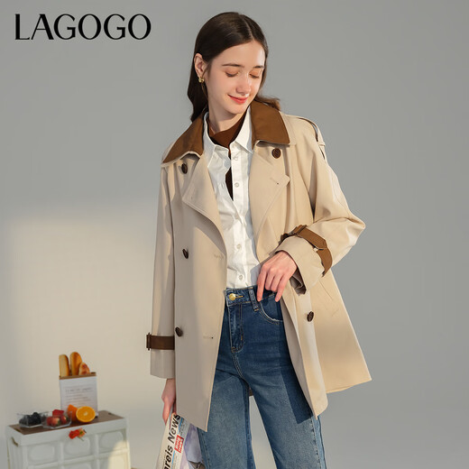 LAGOGO英伦风气质休闲风衣拉谷谷春秋新款时尚撞色长款外套女 米灰色(R5) S