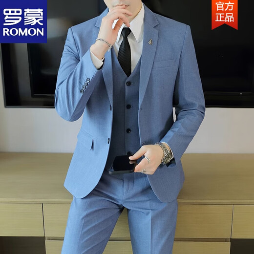 罗蒙（ROMON）西服套装男士韩版修身外套新郎结婚礼服商务职业正装小西装男 黑色-双扣三件套-西服+裤子+马甲 L 108-123斤